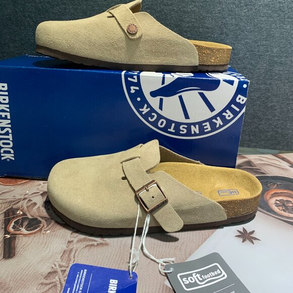 Birkenstock Boston Classic Taupe Suede Leather Unisex Soft Clog Shoes - Picture 5 of 5